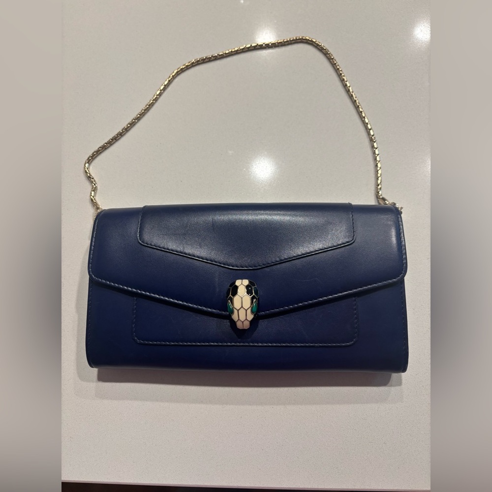 Bulgari Serpenti Forever Wallet On Chain Navy Leather Green Interior